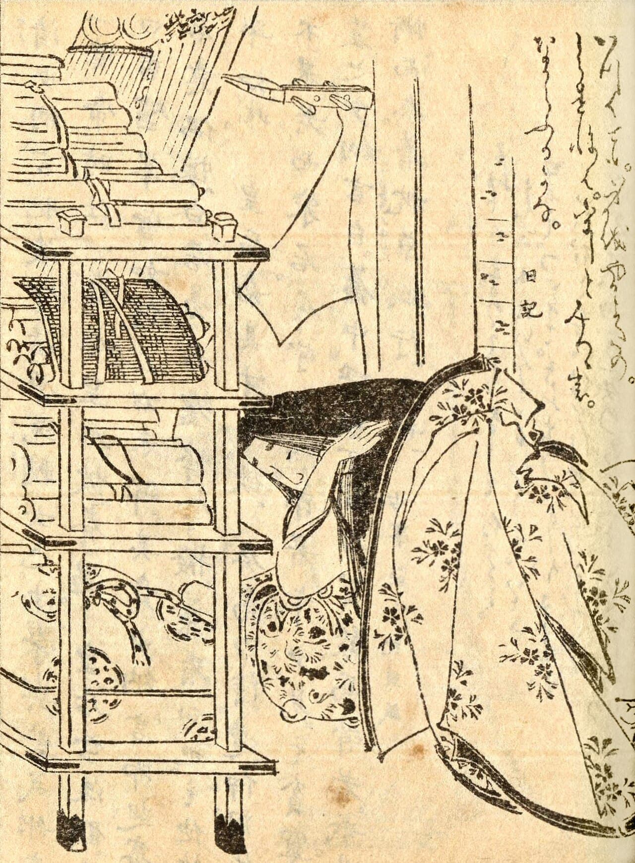 A traditional depiction of Murasaki Shikibu composing Genji at Ishiyama-dera temple. The image is centuries later than her lifetime; no contemporary portrait survives.