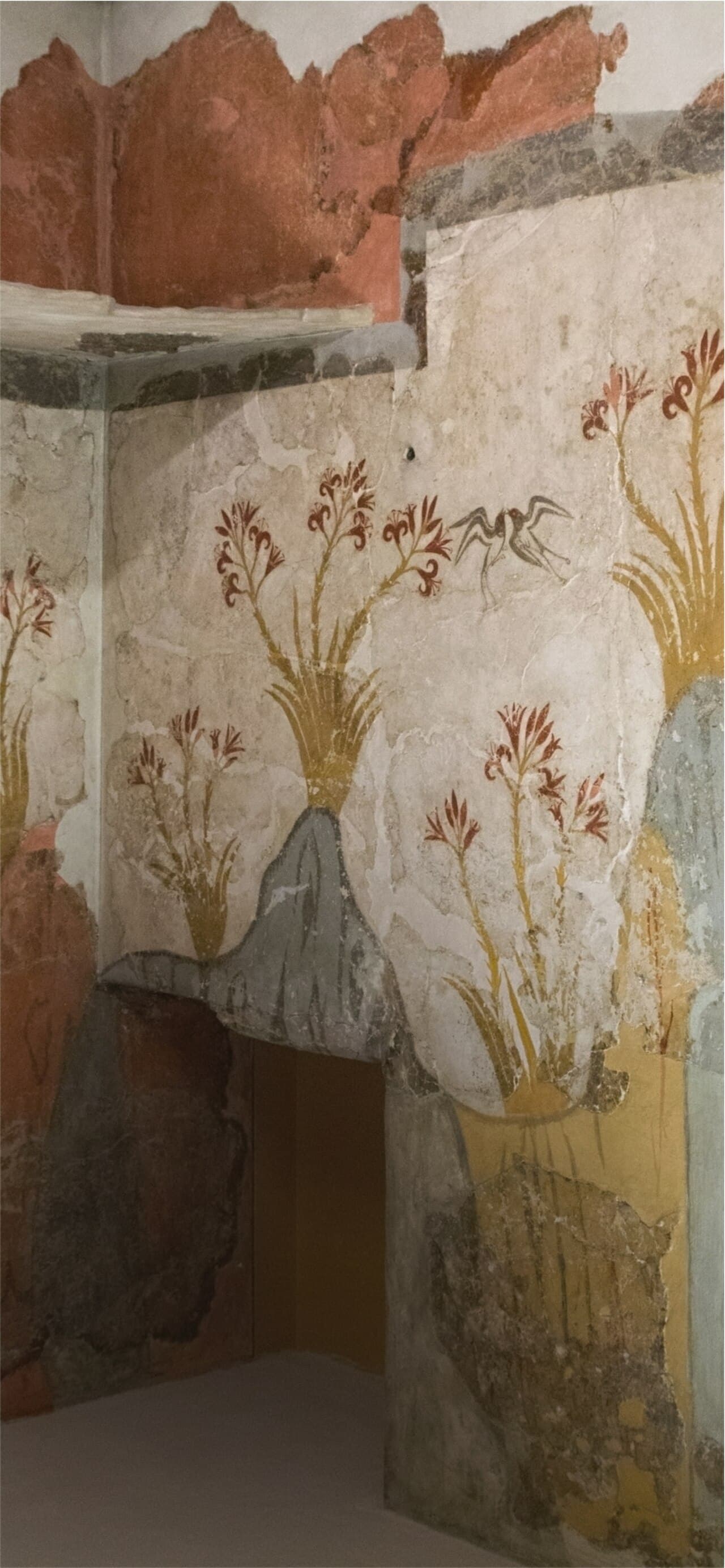 The Spring Fresco from House 2 at Akrotiri. The only surviving complete wall fresco of the period showing a pure landscape — swallows, flowering lilies, and rocks — with no human figures.