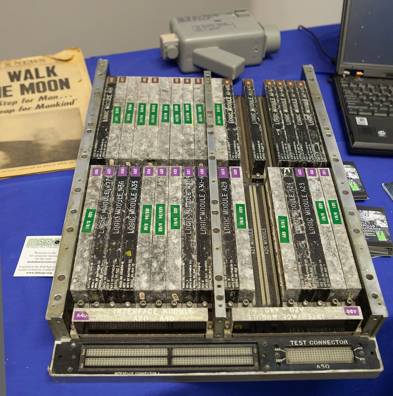 An Apollo Guidance Computer with its DSKY display-keyboard interface. 32 kg, 55 W, 72 KB of woven-rope ROM.