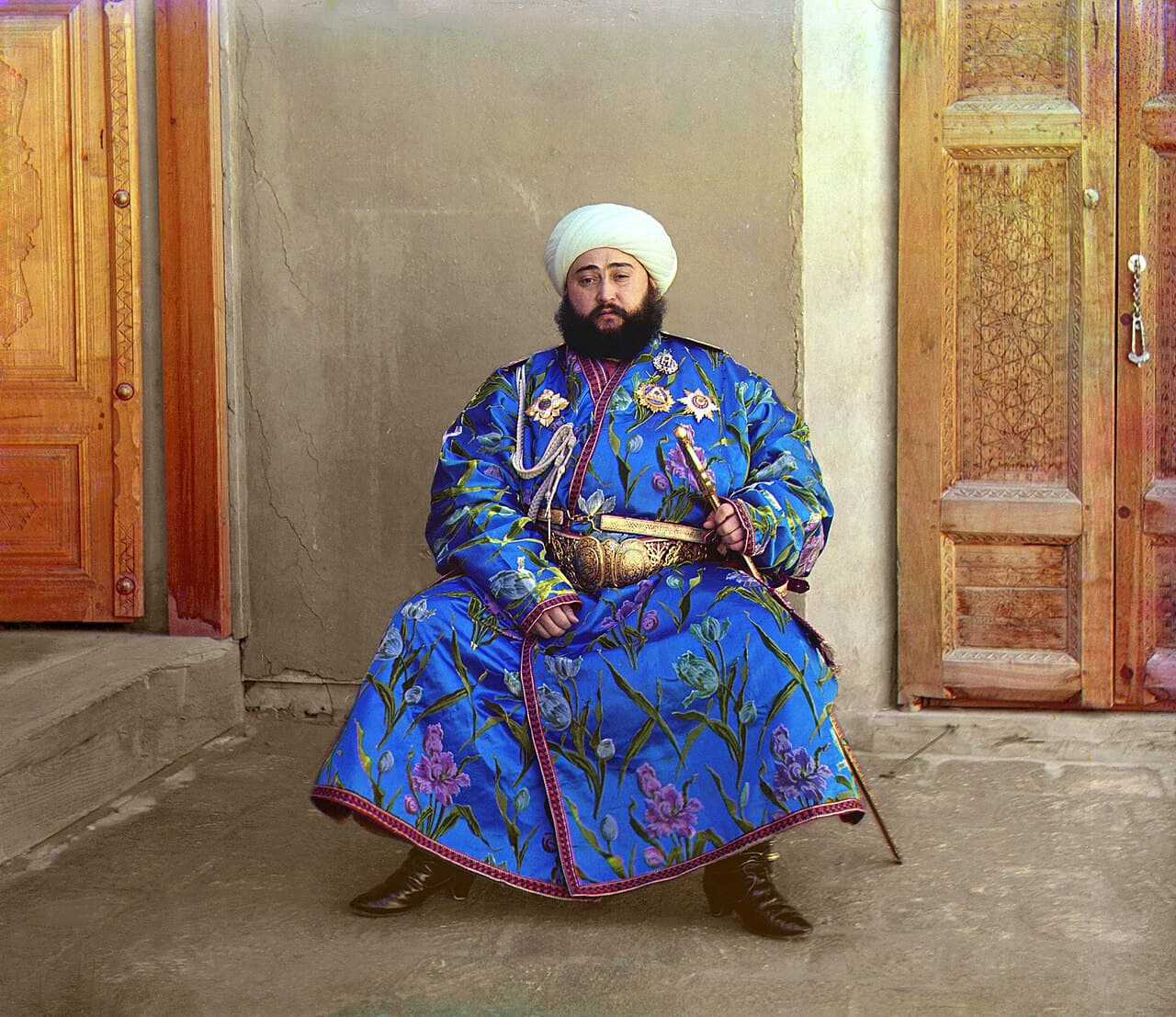 Prokudin-Gorsky's self-portrait beside the Korolitskhali River in Georgia, around 1912. The colour is the original — recovered from three black-and-white plates exposed through red, green, and blue filters.