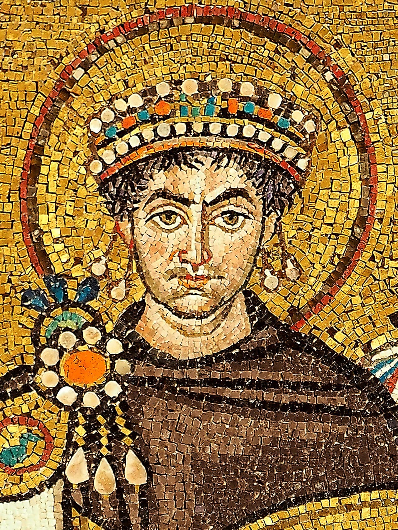 The Emperor Justinian (San Vitale, Ravenna, 6th century). The purple of his cloak — twice-dipped Tyrian dibapha — was reserved by edict for the imperial household.