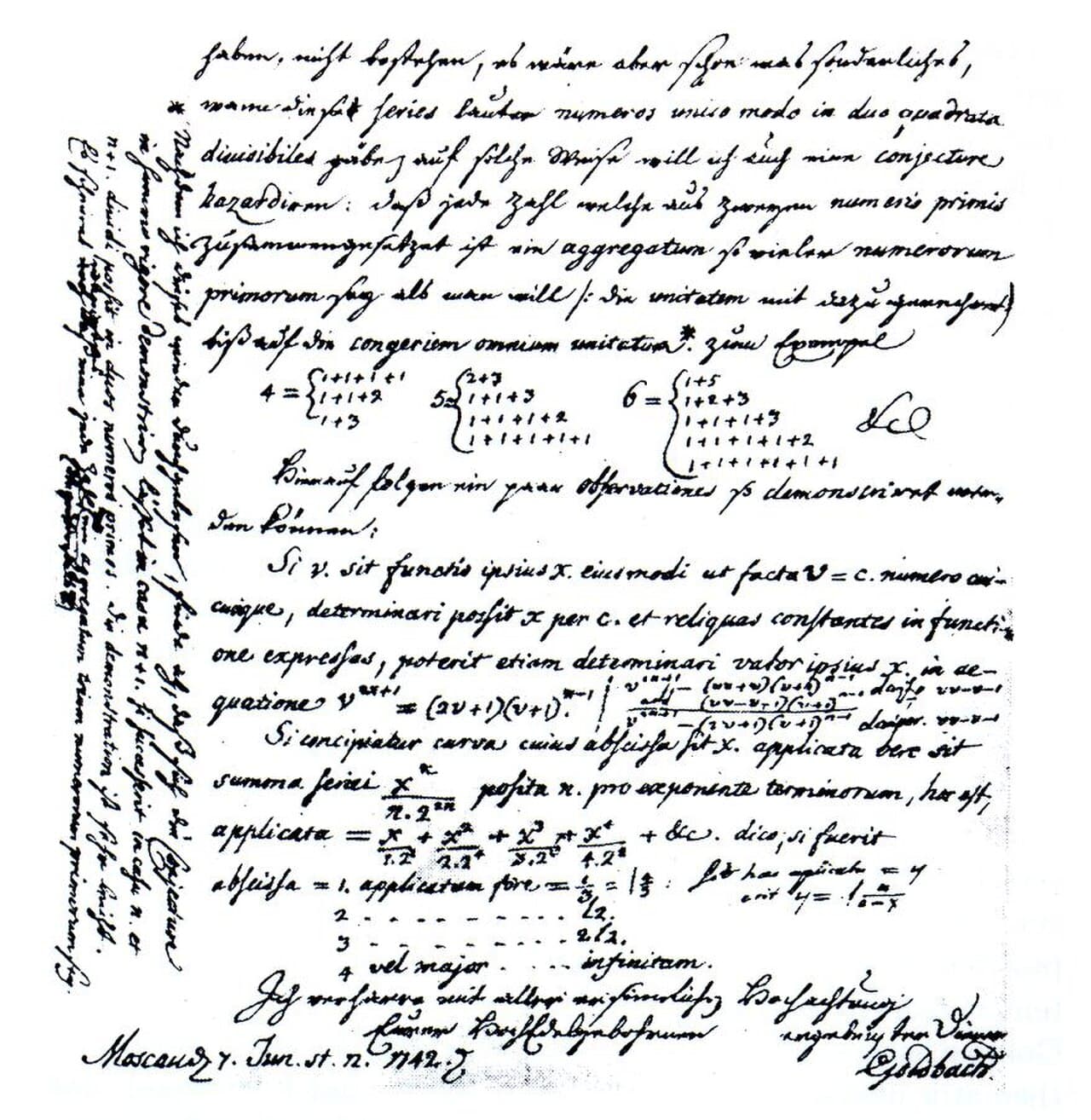 Christian Goldbach's letter to Leonhard Euler, 7 June 1742. The conjecture occupies a few sentences in a letter that ranged over other topics; the statement has resisted proof for 283 years.