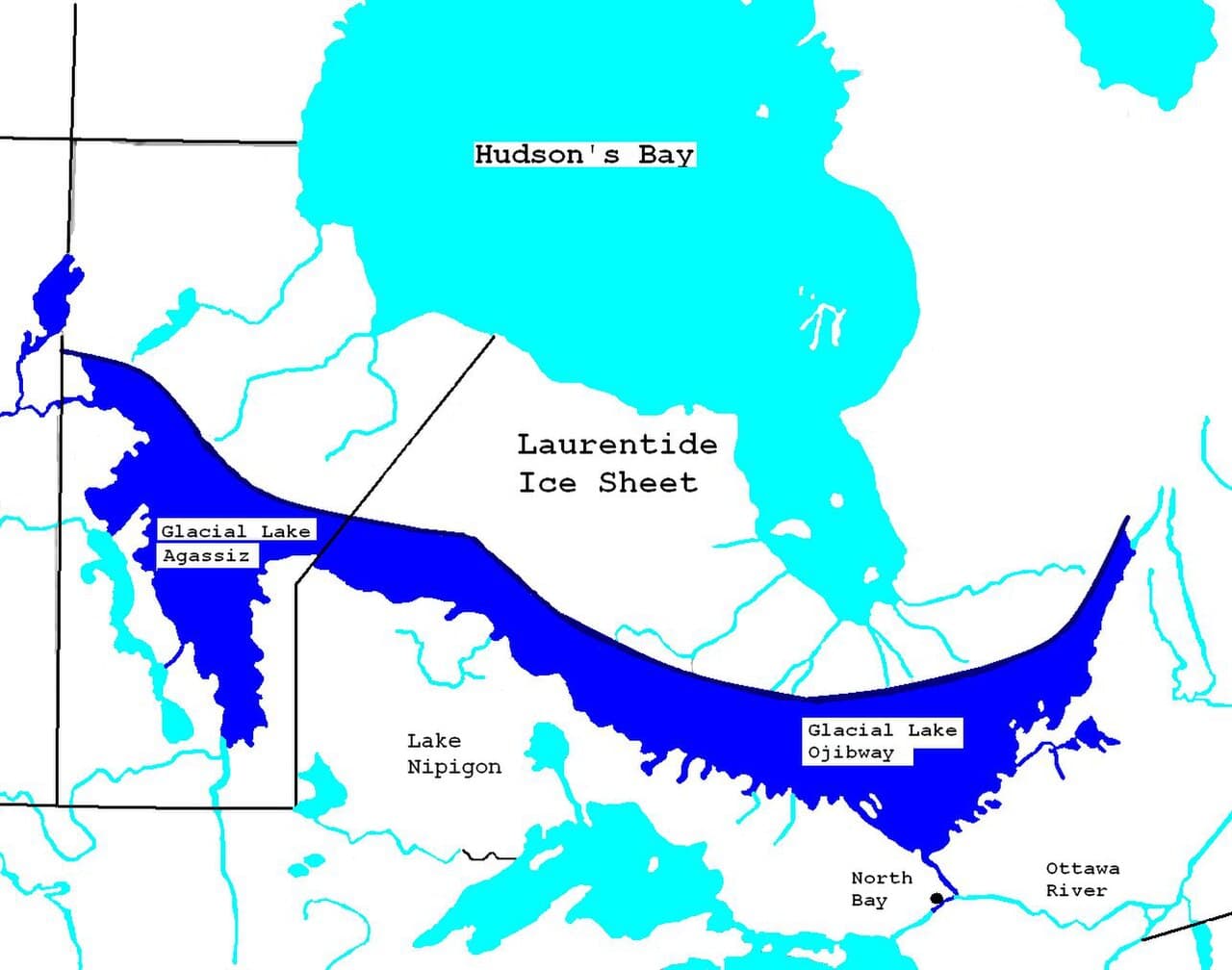 Lake Agassiz at its maximum extent, in front of the retreating Laurentide Ice Sheet. Its catastrophic drainage around 12,800 BP is the leading proposed trigger for the Younger Dryas.