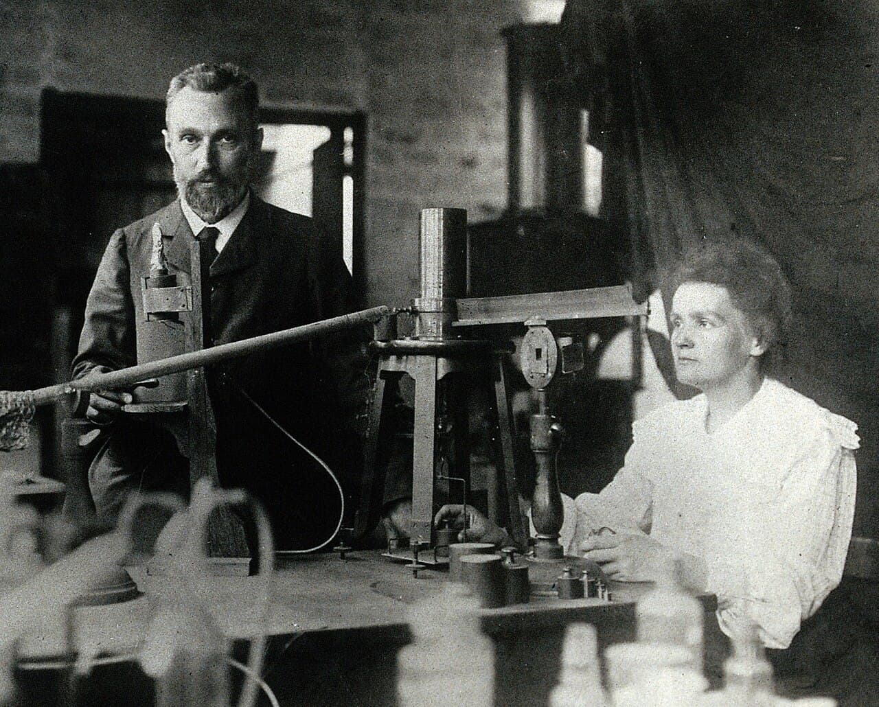 Pierre and Marie Curie in their laboratory. The shed at the École de Physique et Chimie had no ventilation and a leaky roof.