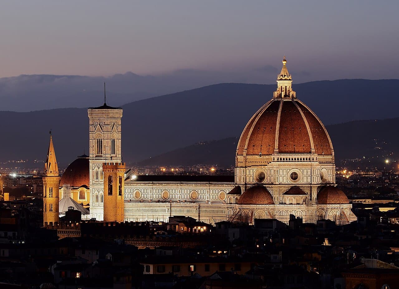 Brunelleschi's dome on the Cathedral of Santa Maria del Fiore in Florence. Spanning 42 metres on a drum 52 metres above the floor, completed 1436.
