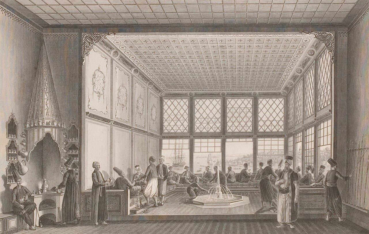An Ottoman coffeehouse, depicted in a 17th-century European print. The form was copied across Europe within a century.