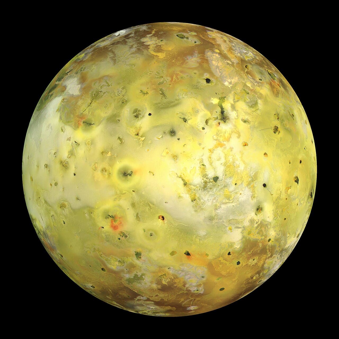 Io, the innermost of Jupiter's Galilean moons. The yellow-and-red surface is sulfur and sulfur dioxide deposits from continuous volcanism.