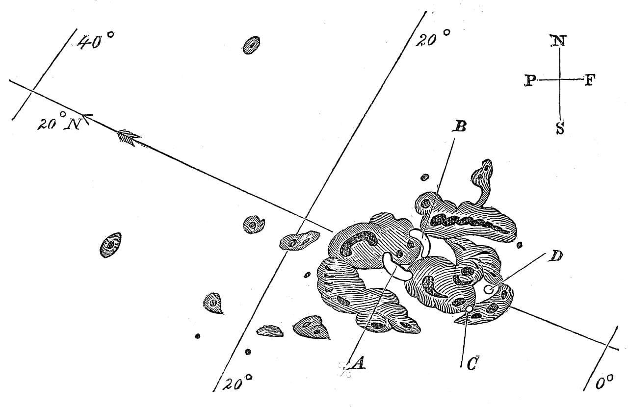 Richard Carrington's sketch of the Sun on 1 September 1859. The two bright flashes near the sunspot group are the first observed solar flare.