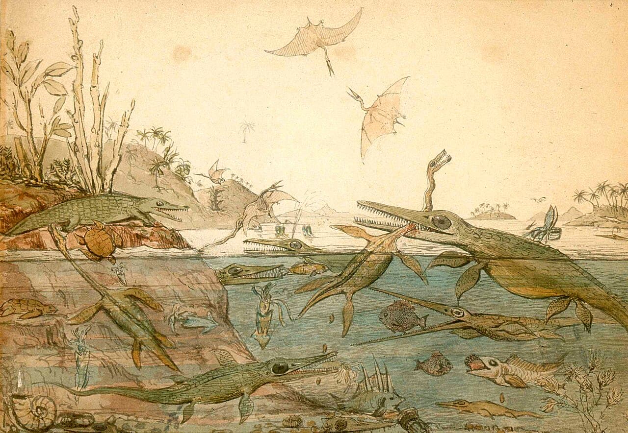 Henry De la Beche's 'Duria Antiquior' (1830), one of the first scientific palaeoart works. The Jurassic Lyme scene was based on Anning's specimens.