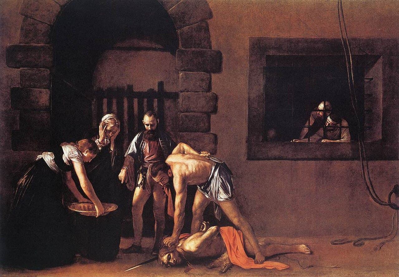 The Beheading of John the Baptist (1608), Co-Cathedral of Saint John, Valletta. The only painting Caravaggio signed — in the blood pouring from the saint's neck.