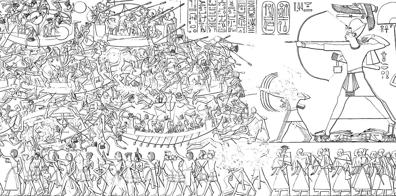 The Sea Peoples in defeat, depicted on Ramesses III's temple at Medinet Habu. The Egyptian inscriptions name a confederation of attackers arriving from the north.