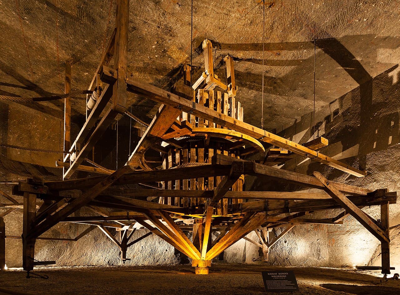 The Wieliczka salt mine in Poland. Worked continuously since the 13th century; the underground St Kinga chapel is itself carved from salt.