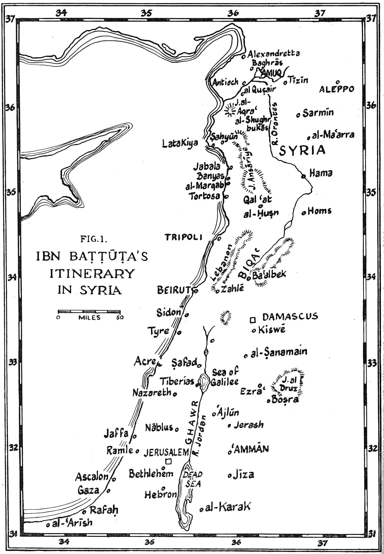 Ibn Battuta's approximate route, 1325–1354. The total distance is roughly three times that of Marco Polo.