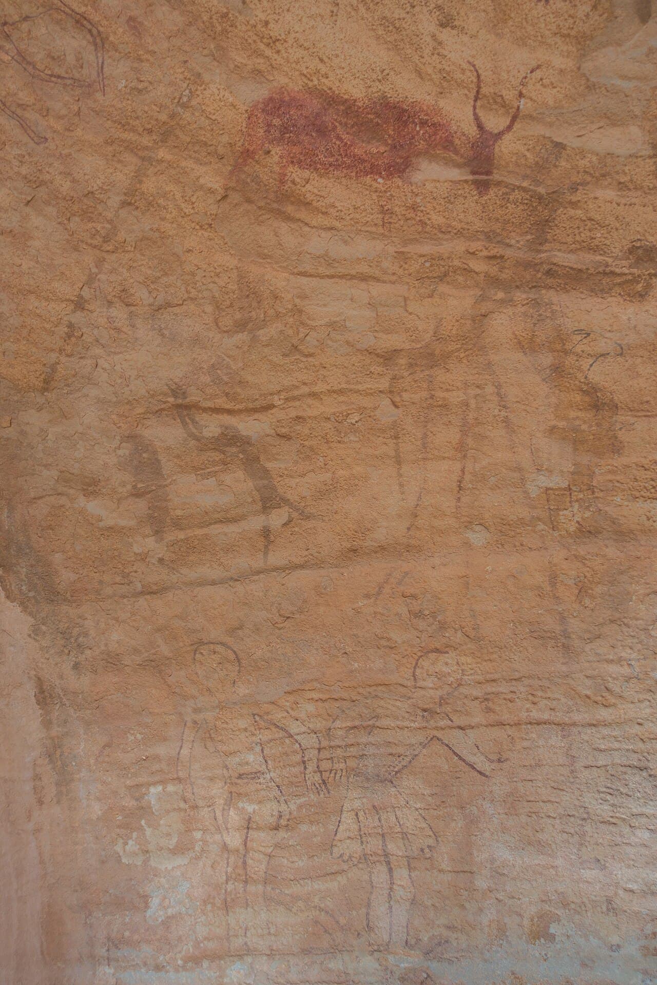 Pastoral-period rock art at Tassili n'Ajjer, southeastern Algeria. The cattle, antelopes, and herders are now five to seven thousand years old. The surrounding desert has annual rainfall under 20 mm.