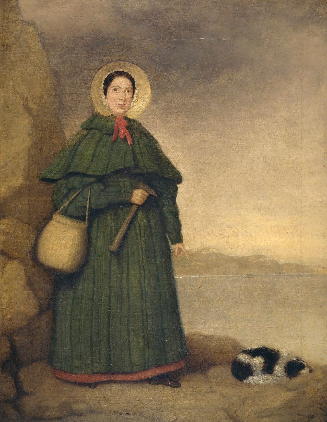 Mary Anning with her dog Tray on the Lyme Regis foreshore. The painting (oil, c. 1842) is the only known life portrait.