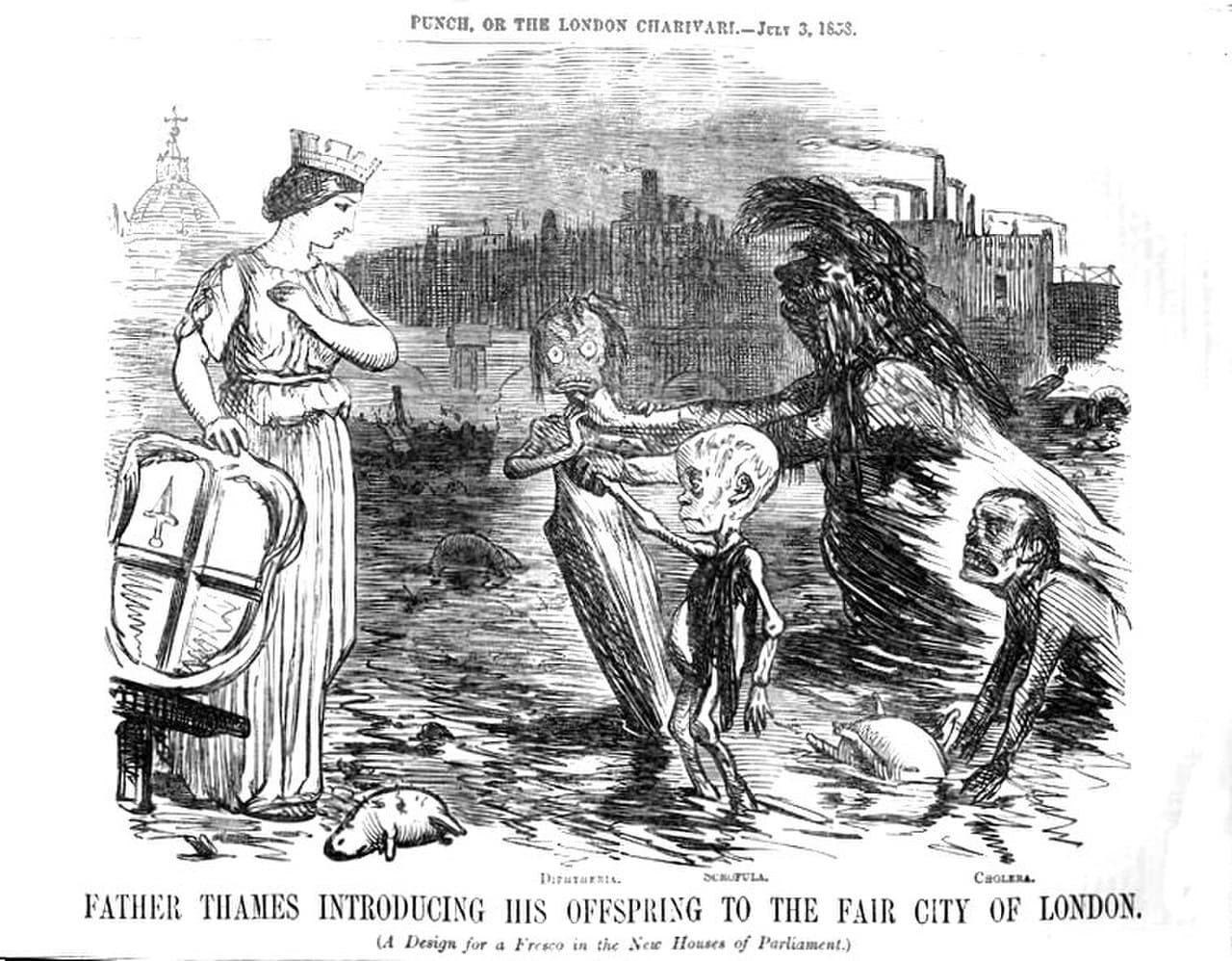 Punch's 'Father Thames introducing his offspring' (1858). The cartoon ran in the weeks of the Great Stink and shows the river handing children labelled Cholera, Scrofula, and Diphtheria to a horrified London.