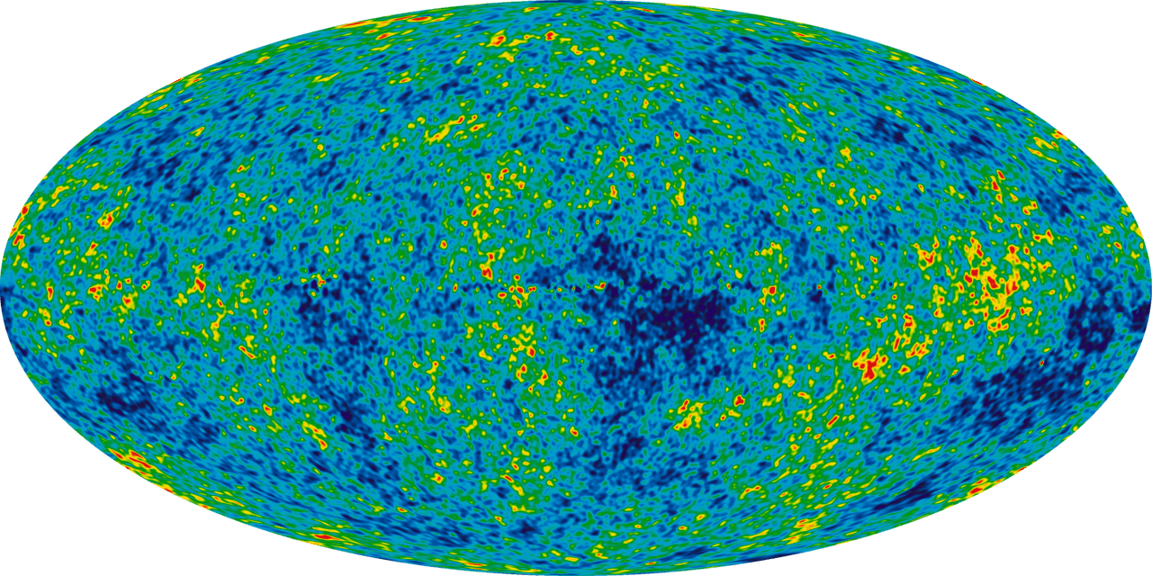 The cosmic microwave background, mapped by WMAP and Planck. The pattern is the imprint of quantum fluctuations during inflation, smeared across the entire sky.