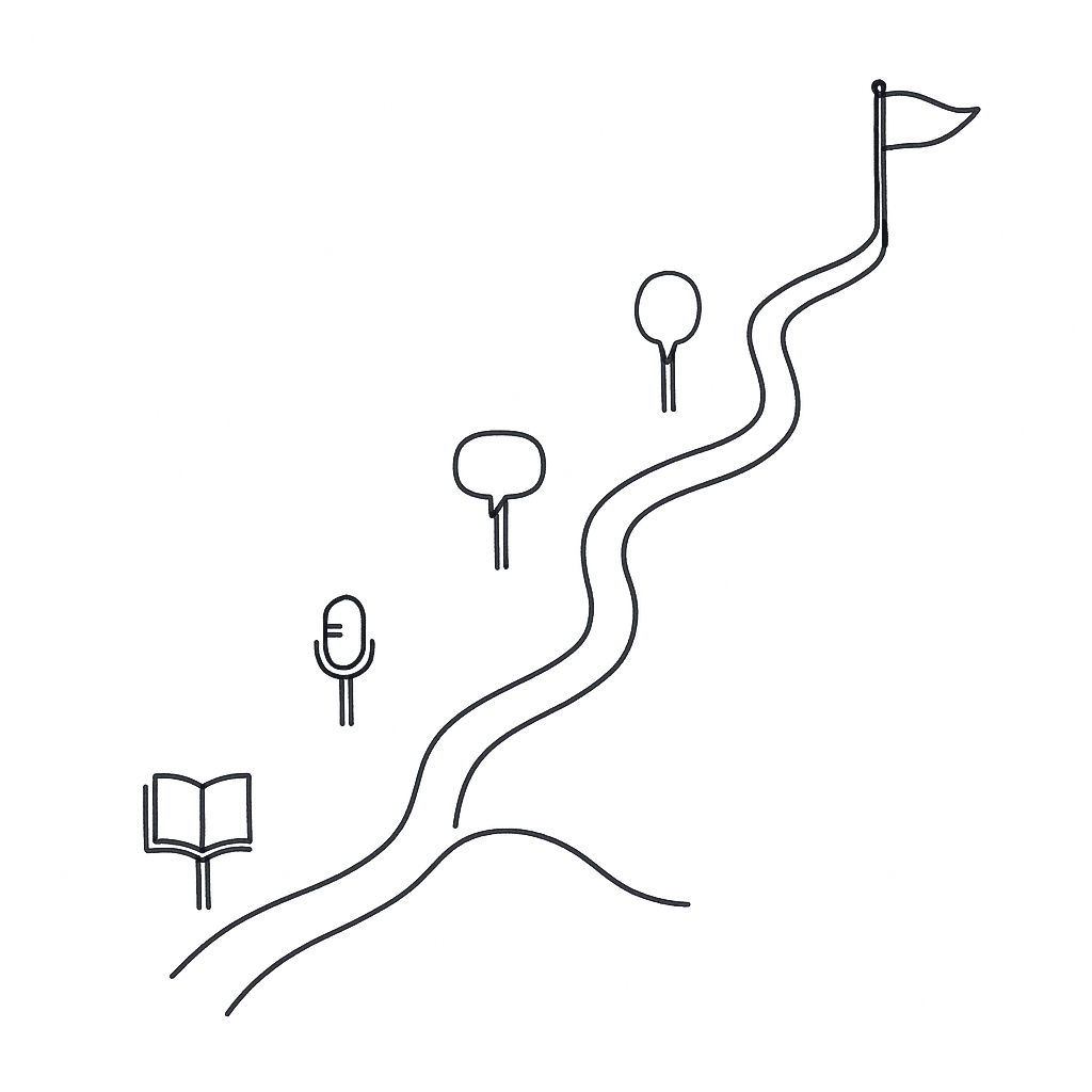 A winding path rising past a book, a microphone and a speech bubble to a flag, with one stretch branching off