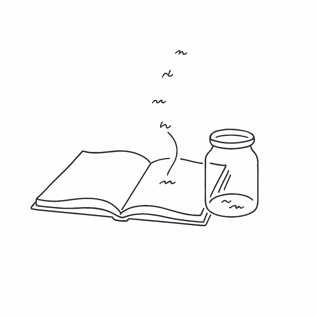 An open book with words lifting off the page and settling into a jar