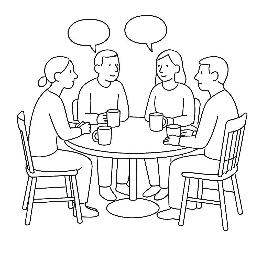 Four people around a cafe table, two of them talking, with an empty chair waiting