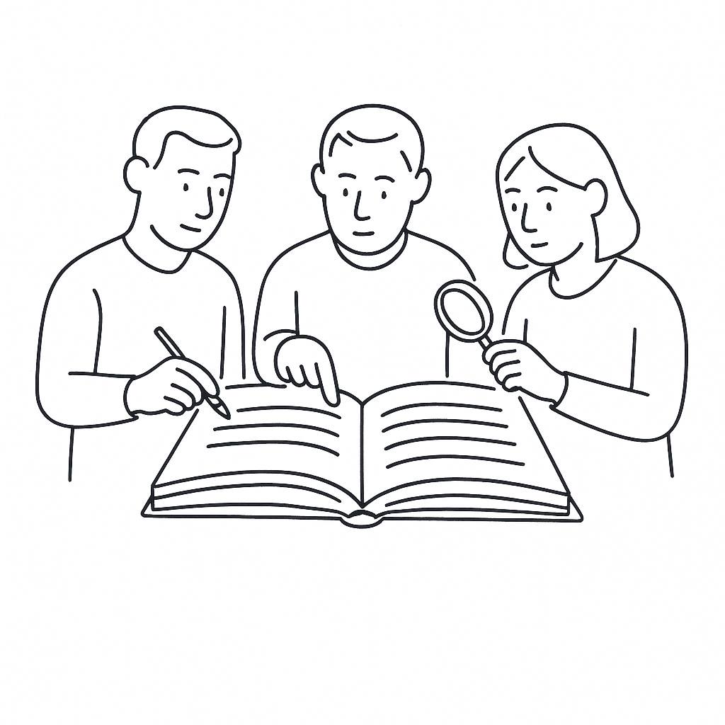 Three people around one open book: one writing in it, one pointing at a line, one checking it with a magnifying glass