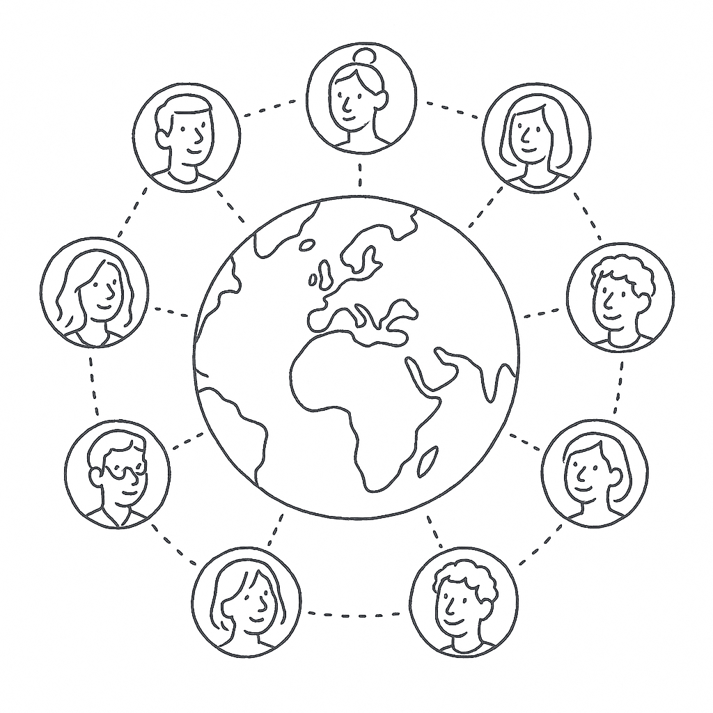 A globe ringed by portraits of people connected to each other by dotted lines